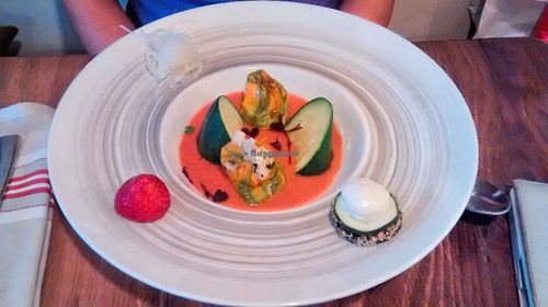 Zucchini flowers stuffed with tabbouleh, gazpacho of tomato and strawberry at Sense Eat in Paris