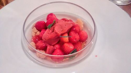 Strawberry salad, pepper jam and strawberry basil sorbet at Sense Eat in Paris