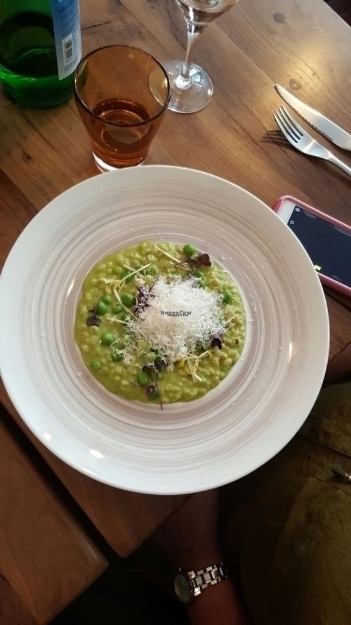 Barley risotto with green peas at Sense Eat in Paris