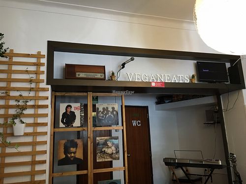 the music area inside  at Veganeats Caffe in Lisbon