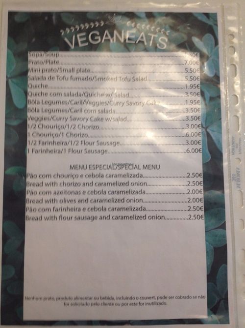 menu page 2 at Veganeats Caffe in Lisbon