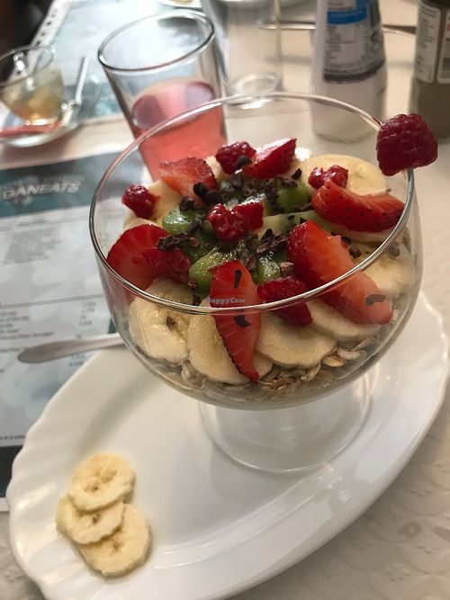 Soy yoghurt with fruit and homemade muesli at Veganeats Caffe in Lisbon