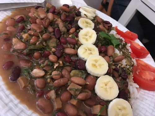 Feijoada (black beans, seitan, white rice, banana and tomato) at Veganeats Caffe in Lisbon