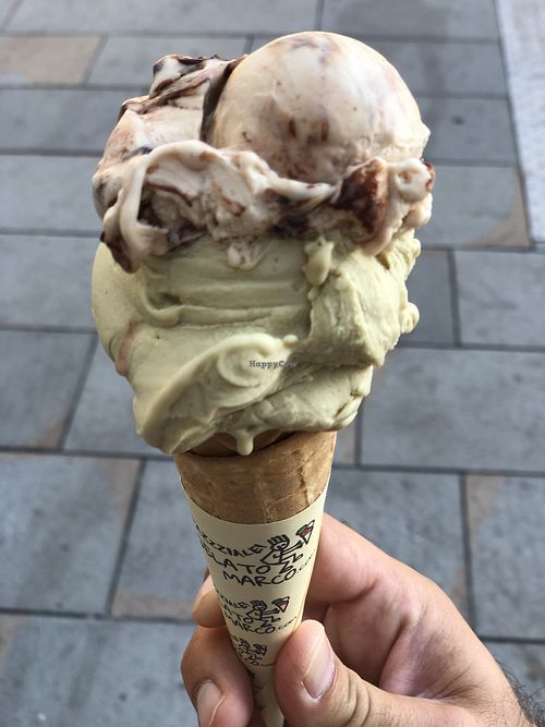 Vegan cremino and pistachio gelato  at Gelato Marco in Trieste