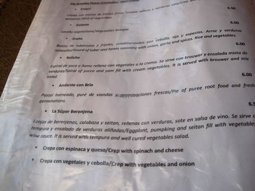 Part of the menu at La Berenjena in Vinales