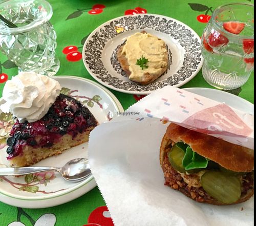 Karelian pie, filled vihis and berry tart with whipped cream. (all vegan!) at Kahvila Kaiho in Tampere