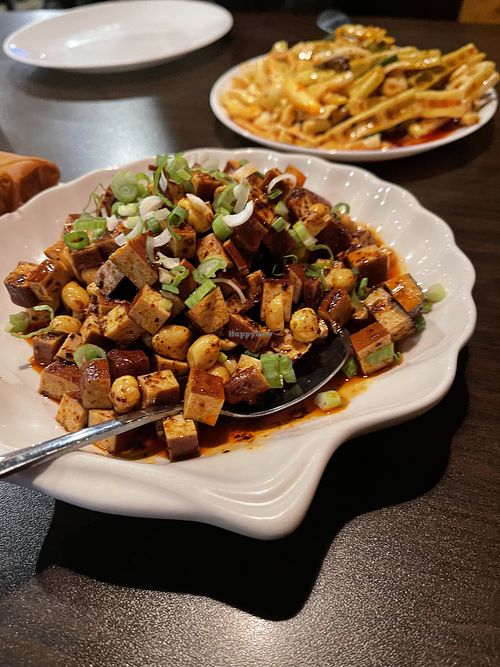Peanut and Diced Tofu in Chili Sauce (Bamboo Shoots in Chili sauce in background )  at Grand Szechuan in Bloomington