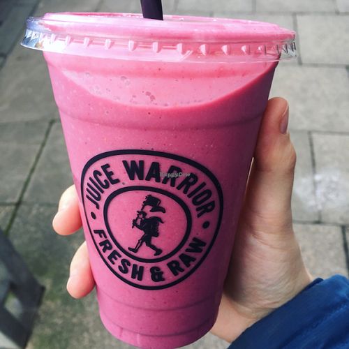 Blossom smoothie with strawberry, raspberry, acai, coconut butter, dates and almond milk. at Juice Warrior in Edinburgh