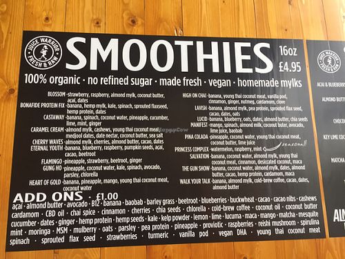 beautiful extended smoothie menu at Juice Warrior in Edinburgh