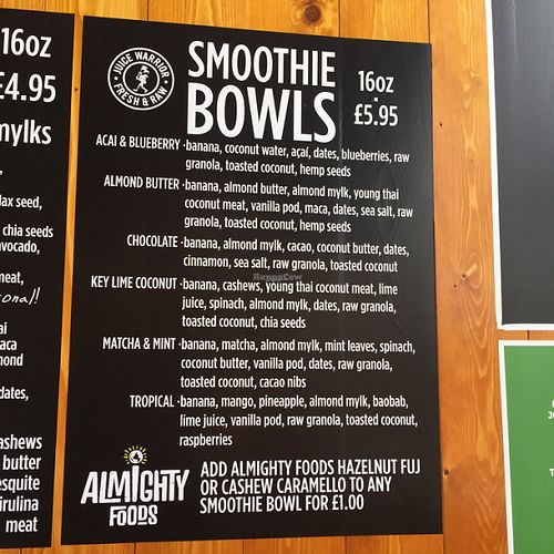 smoothie bowl menu  at Juice Warrior in Edinburgh