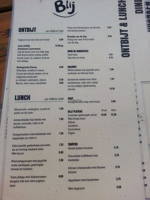 Part of the menu at Blij in The Hague