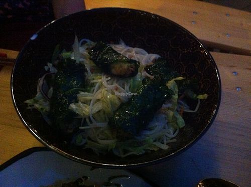 bike leaves with tofu inside on noodles  at Soya in Berlin