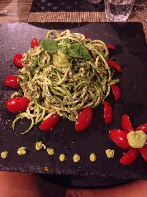 zucchini noodles with sun ripened datternino cherry tomatoes and a deliciously creamy avocado and almond pesto. at Albisbe4 in Alghero