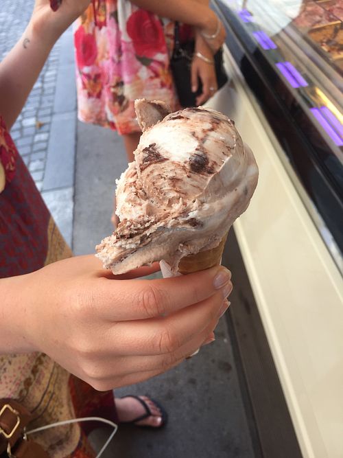 rice milk choc crunch ice cream with gf vegan cone at Zvezda's Ice Cream in Ljubljana
