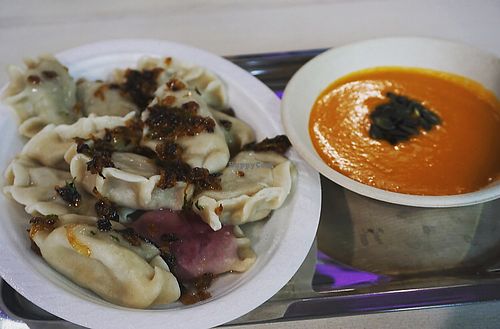 Mix of vegan pierogis + vegan soup!  at Zarcie Mamuski in Warsaw