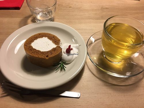 Cake role with soy cream and herb tea. at Lady Bird Kitchen in Kanazawa