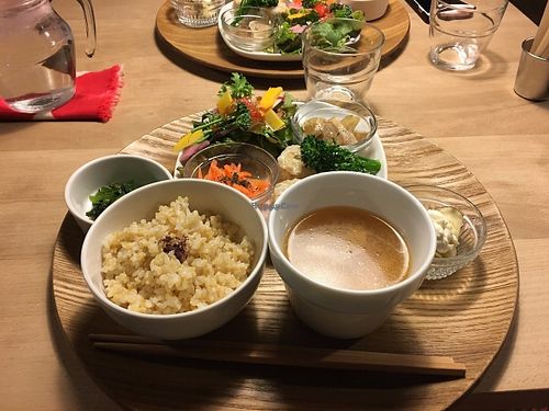 Small dumplings with soup, rice, and various vegetables. at Lady Bird Kitchen in Kanazawa