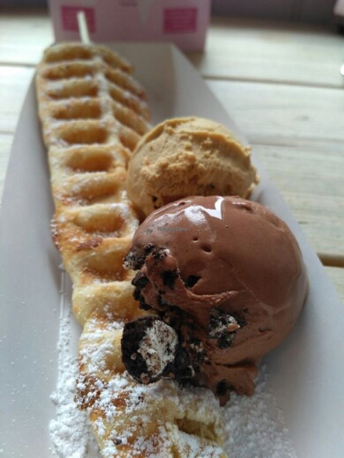 vegan waffle with ice cream  at Gelato Gusto in Brighton