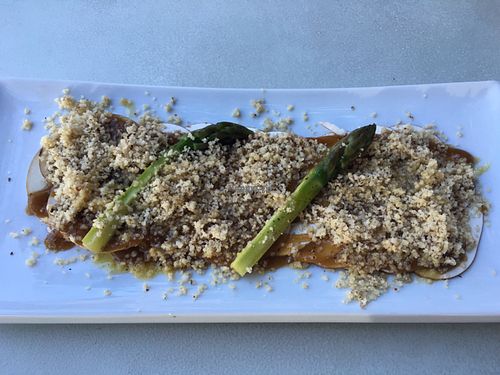 Portobello Carpaccio, Asparagus, Brazilnut Parmesan, Vinaigrette at Gioia Plant-Based Cuisine in Marbella