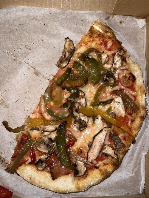 I ate half before I took a pic LOL but yesss so good, 10 inch pizza with vegan cheese, mushrooms, peppers and onions  #Veganuary at Silvio's Organic Pizza in Canton