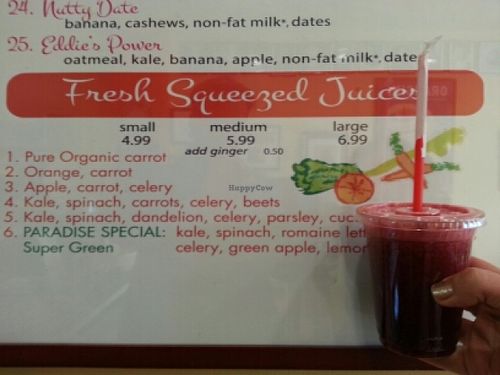 juice menu at Paradise Juice and Deli in Burbank