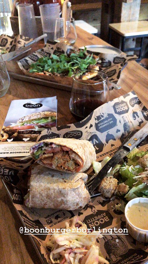 Buffalo Deluxe wrap/side Caesar/Animal Lovers pizza. 13th Street Winery.  at Boon Burger Cafe in Burlington