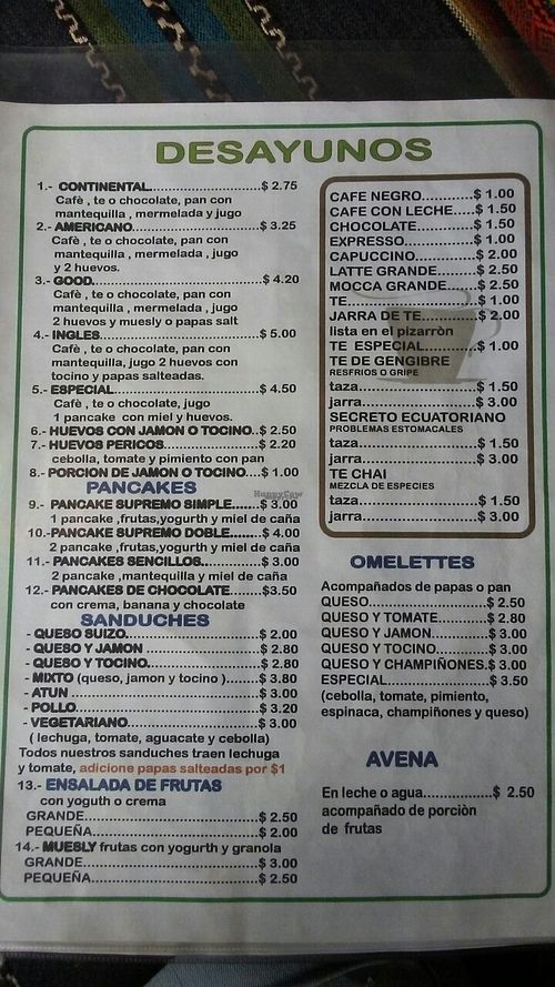 breakfast menu at Cafe Good in Banos