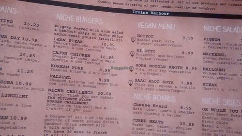 Sample of the Vegan section of their regular menu at The Niche in Irvine