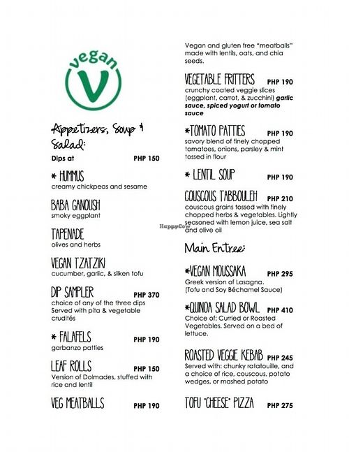 Vegan Menu Page at Socrates' Secret in Sta Rosa City