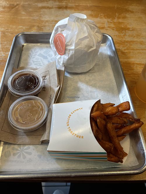 Smokehouse burger with sweet potato fries  at HipCityVeg - 7th St in Washington