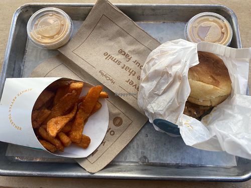 Aerial View of Lunch Buffalo Vegan Chick’n’ w/Fries  at HipCityVeg - 7th St in Washington