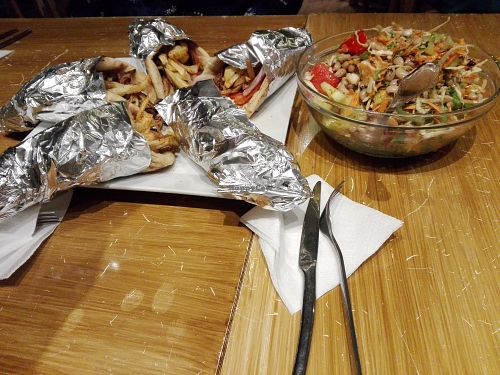 Typical Greek souvlaki with mushrooms instead of meat  at Trivoli Vegan Kafeneio in Athens