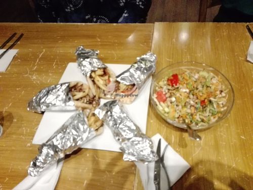 Typical Greek souvlaki with mushrooms instead of meat at Trivoli Vegan Kafeneio in Athens
