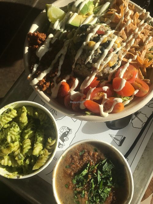 Taco Salad, Small Avocado Pesto Pasta, and Small Barley Mushroom Soup at By Chloe in Los Angeles