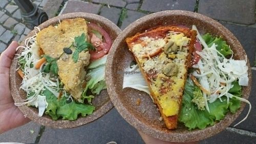 potato pie & polenta pizza at Zaziv Vegan Bistro in Ljubljana