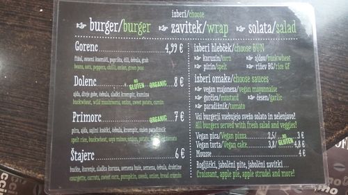 Menu at Zaziv Vegan Bistro in Ljubljana