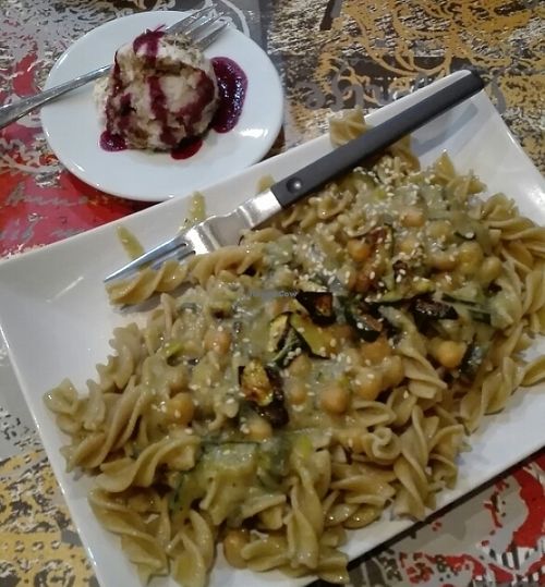 pasta with chickpea and leek sauce + dessert  at Zaziv Vegan Bistro in Ljubljana