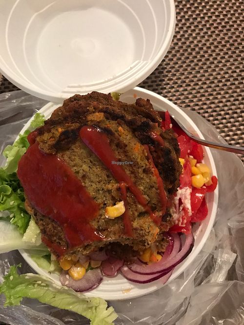 Fritters and salad takeaway at Zaziv Vegan Bistro in Ljubljana