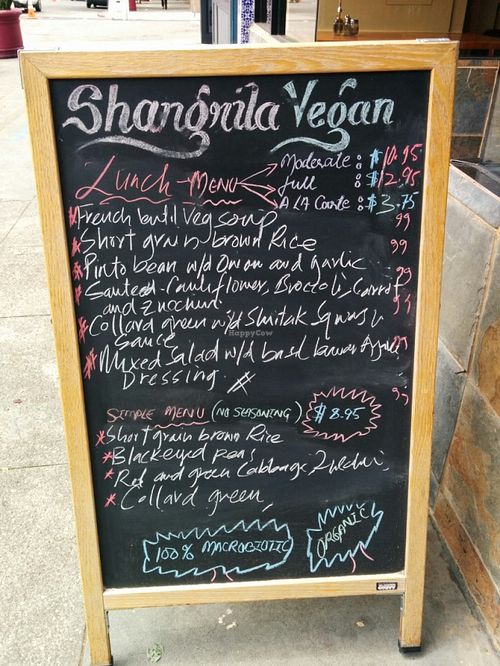 Street side menu board at Shangri-La Vegan - Telegraph in Oakland