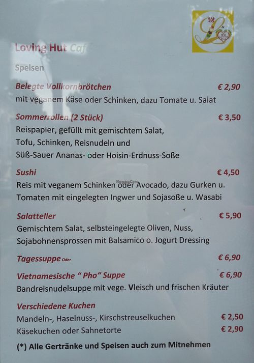 Menu at Loving Hut Cafe in Dusseldorf