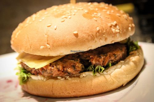 hamburger at Loving Hut in Prague