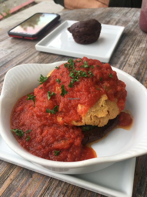 Vegan Veggie Parm and a chocolate chia cupcake. Filling, warm, and so tasty! at Green Table  in Santa Barbara