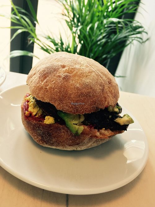 Scrambled tofu, smoked mushroom and avocado roll at The Plant Room in Brighton