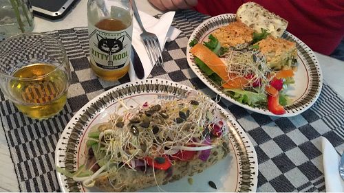 Vegan sandwich and vegetarian lasagne at Kafe Nystuga in Arvika