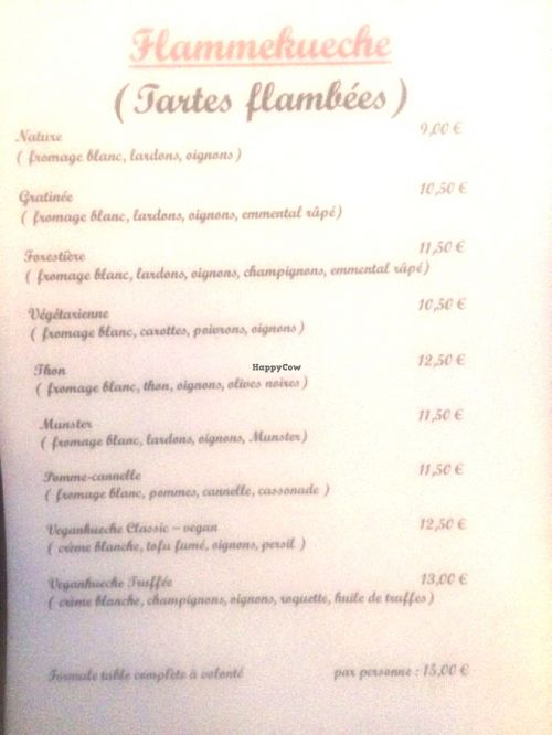 Menu. Vlammkuche with rucola, fresh mushrooms, v- white cream and truffle oil OR Vlammkuche v-classic with smoked tofu, onions, v-white cream at La Cigogne du Port in Nice