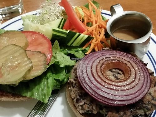 black bean burger with salad at TVJ Kitchen - West LA in Los Angeles