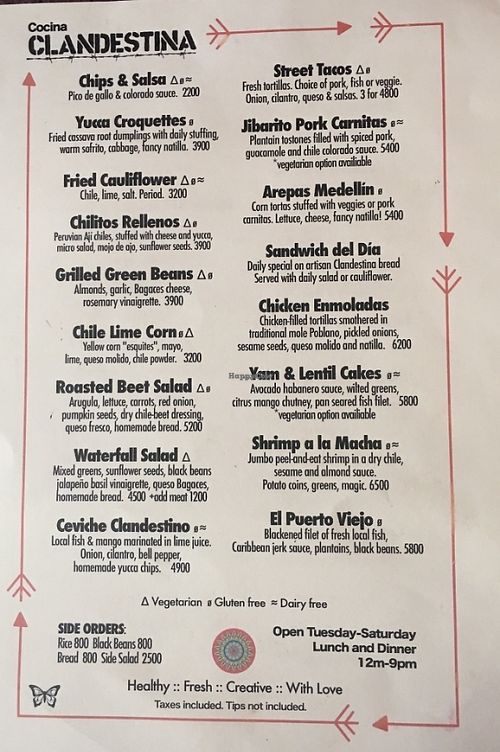 Menu Feb 2017 at Cocina Clandestina in Montezuma