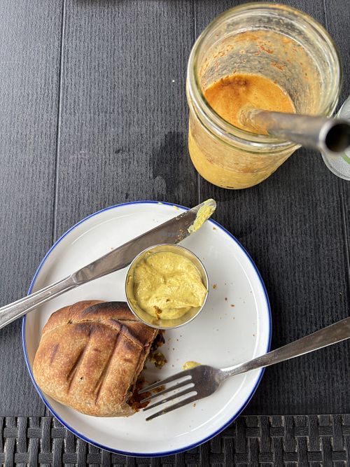 Empanada with almond cheese and Back to Balance smoothie  at Degree 18 Juice Bar in Palmer