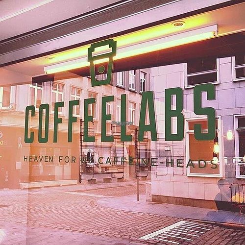 Front window with logo at Coffeelabs in Antwerpen