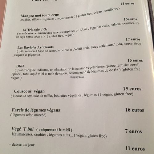 veggie section of the menu at Paprika Restaurant in Corsica